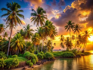 Obraz premium Golden Hour on Exotic Isle warm light illuminates the palm trees and lush greenery as the sky transitions from soft pink to radiant orange.