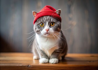Naklejka premium Adorable grey and white cat sits on a wooden table, wearing a tiny red cap and looking directly at the camera with curious eyes.