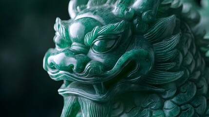 Exquisite jade Pixiu statue with intricate carved details showcasing the mythical creature s elegant form in a captivating emerald green hue against a dark