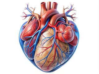 Anatomical illustration of the human heart showcasing its four chambers, including the left and right atria and ventricles, with detailed veins and arteries visible.
