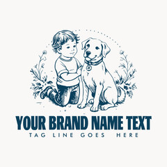 hand drawn best friends kid and dog logo illustration