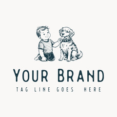 hand drawn best friends kid and dog logo illustration