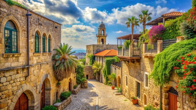 Ancient stone architecture and picturesque narrow streets of Byblos, Jbeil, Lebanon, with historic churches and medieval castle walls under a vibrant blue sky.