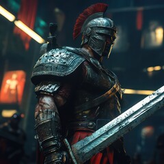 A Roman legionnaire is transported to a cyberpunk future By Generated AI