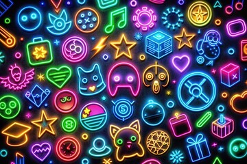 Assortment of colorful icons and emblems from various popular digital entertainment platforms and franchises scattered across a dark background, glowing with neon lights and vibrant hues.