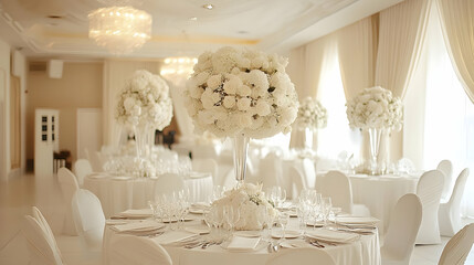 Elegant White Wedding Reception Table Decor with Floral Centerpieces