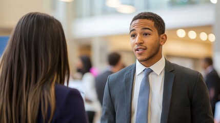 A young professional speaking with a recruiter at a career fair booth.