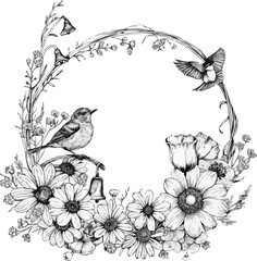 Obraz premium Contour vector floral frame with flowers and birds.Linear greeting card for greetings and printing on paper