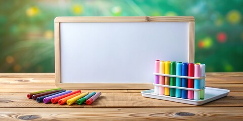 Blank whiteboard with colorful markers and eraser lying on a wooden desk, ready for writing or drawing with customizable text and bright background.