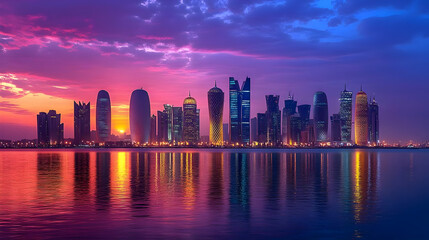 Fototapeta premium Cityscape Skyline with Stunning Sunset Reflection