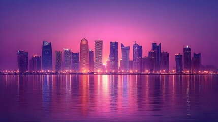 Fototapeta premium Cityscape Skyline with Reflections in Water at Dusk