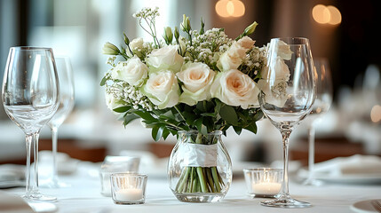 Elegant White Roses Centerpiece with Candles and Wine Glasses