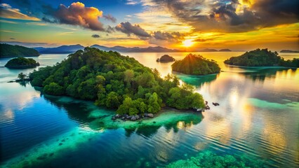 Fototapeta premium Vibrant Dawn Transforms Idyllic Island Setting With Golden Light Dancing Across Calm Sea Surfaces Intensifying Emerald Green Forests And Soft Blue Atmosphere