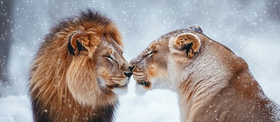 Lion and Lioness in the Snow