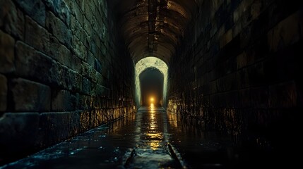 Naklejka premium Dramatic Photograph of a Long Dimly Lit Tunnel with Stone Walls and a Visible Light Source at the Far End Creating a Sense of Depth and Mystery Accentuated by Shadows and Reflections on the Ground