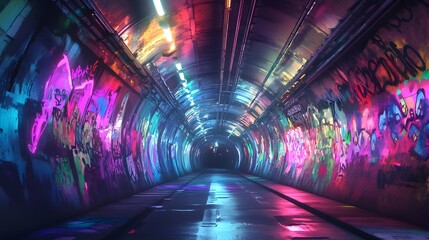 A visually captivating representation of an underground tunnel transformed into a vibrant canvas of colorful graffiti art with soft inviting lights that create a dynamic and urban atmosphere