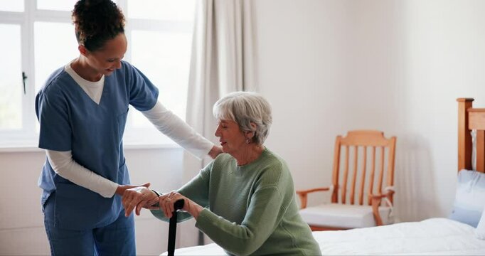 Caregiver, senior woman and help in bedroom at nursing home with cane for walking. People, nurse and pensioner in conversation at retirement house for support, care and healthcare with smile
