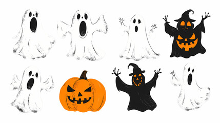 Halloween characters horror vector set design. Halloween character like grim reaper, ghost, pumpkin and Frankenstein.