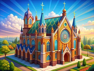 Colorful isometric illustration of a traditional European-style church with intricate architecture, stained glass windows, and ornate details set against a bright blue sky background.