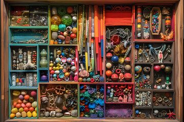 Fototapeta premium A vibrant arrangement of colorful objects in various shapes and sizes, creating an artistic display full of creativity and texture.