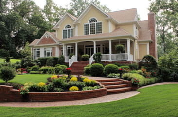 A beautiful home with a large front yard, surrounded by lush green trees and colorful flowers in the flower beds.