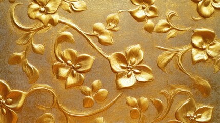 A textured, embossed gold pattern background with floral motifs