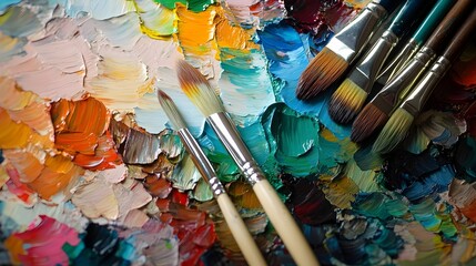 Fototapeta premium Closeup of a painter s palette overflowing with a vibrant explosion of colors complemented by paintbrushes resting nearby capturing the boundless creativity and imagination of the process