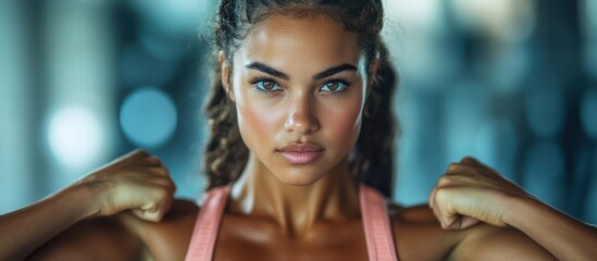 Close-up portrait of a determined young woman flexing her biceps, looking directly at the camera.