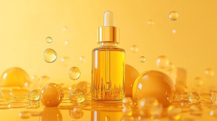 3D Gold Collagen Skin Serum and Vitamin illustration isolated on yellow color background. skin care cosmetic solution concept. 3d rendering.