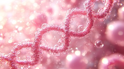 Fototapeta premium Pink DNA strands and bubbles intertwining in a soft 3D background, reflecting gentle light