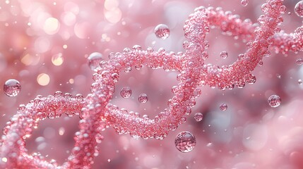 Fototapeta premium Pink DNA strands intertwined with floating bubbles, creating a soft, dreamy effect