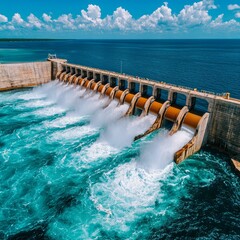 Aerial view of a dam releasing water into the ocean under a clear blue sky.