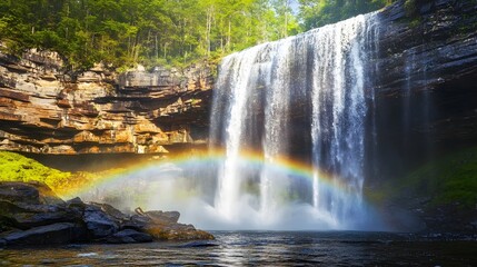 Fototapeta premium A stunning photograph showcasing a majestic waterfall cascading down rocky cliffs with a vibrant rainbow arching across the mist created by the falling water set against a backdrop of lush