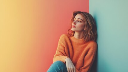 Obraz premium Young Pensive Woman in Warm Tone Setting with Copy Space