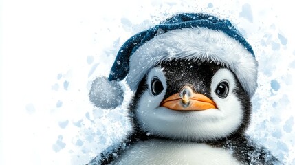 Naklejka premium Cute penguin wearing a Christmas hat in a snowy environment, white isolated background.