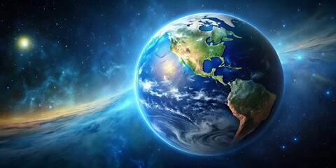 Obraz premium A celestial perspective of Earth, a vibrant blue sphere with continents and clouds, amidst a backdrop of shimmering stars and a swirling nebula.