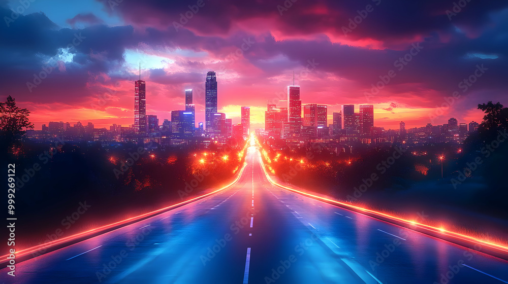 Canvas Prints Highway to the City at Sunset with Neon Lights