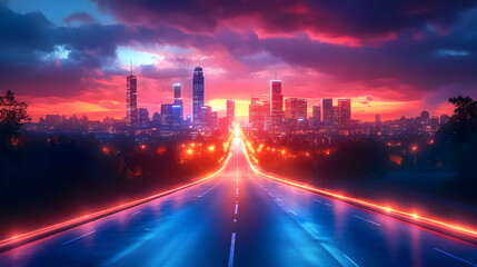 Fototapeta premium Highway to the City at Sunset with Neon Lights