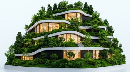 Modern eco-friendly building nestled in lush greenery.