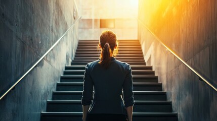 A businesswoman standing at the top of a staircase, looking back at her career advancement journey.