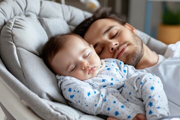 A baby sleeping on their parent&acirc;&euro;&trade;s chest, both resting together in a soft chair, creating a heartwarming scene of connection and peace