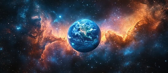 Obraz premium A mesmerizing view of planet Earth from space, surrounded by vibrant cosmic nebulae.