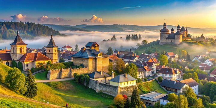 Historic cityscape of Suceava, Romania, with traditional architecture, cobblestone streets, and medieval fortifications, surrounded by rolling hills and misty mountains in the distance.