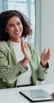 Business, woman and handshake for hiring in office with welcome, onboarding and applause with tablet. Happy HR, professional and shaking hands in meeting for thank you, agreement or interview success
