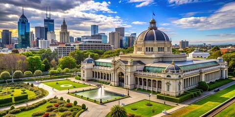 Obraz premium Historic Melbourne Museum's neoclassical architecture and modern extensions blend seamlessly, surrounded by lush Royal Exhibition Building gardens and vibrant cityscape in the background.