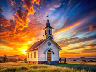 Fototapeta premium Historic rural church with a steeple and cross stands strong amidst a vibrant sunset, symbolizing hope, faith, and spiritual revival in a serene landscape.