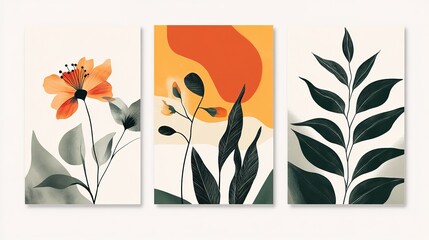 Abstract minimalist art. Style of geometric shapes and plants. Flowers, leaves. A set of paintings.