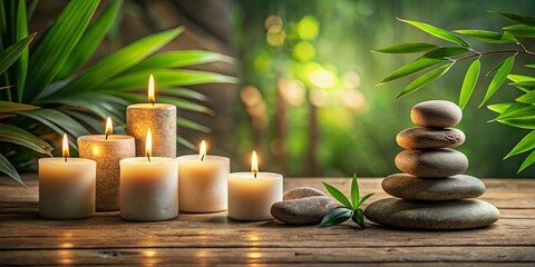 Zen-inspired arrangement with burning candles and a balanced stack of stones on a rustic wooden surface, set against a backdrop of lush green foliage.