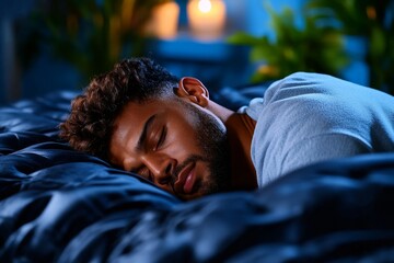 A person in deep sleep under a weighted blanket, creating a sense of comfort, calm, and security through the feeling of gentle pressure