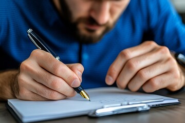 A person journaling for mental health, with fine detail on the paper, pen, and the individualâ€™s focused expression, capturing the therapeutic process